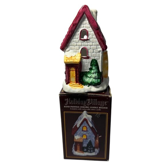Hand-Painted Ceramic Holiday Village Candle Holder With Box CANDLE NOT INCLUDED - Picture 1 of 9
